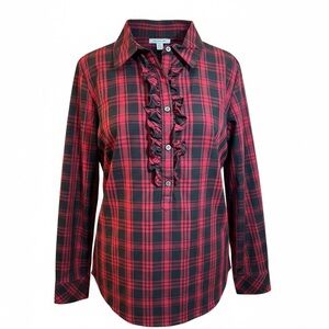 Talbots Plaid Ruffle Top – Size M Petite– Red Black Stretch Button Front Shirt